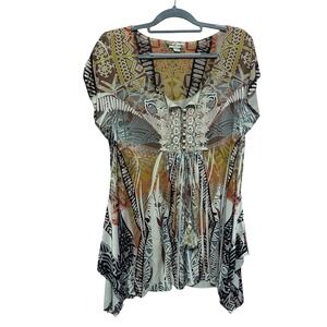 World Unity Women's L Geometric Print Lace Neck Boho Tunic‎ Top Blouse Y2K